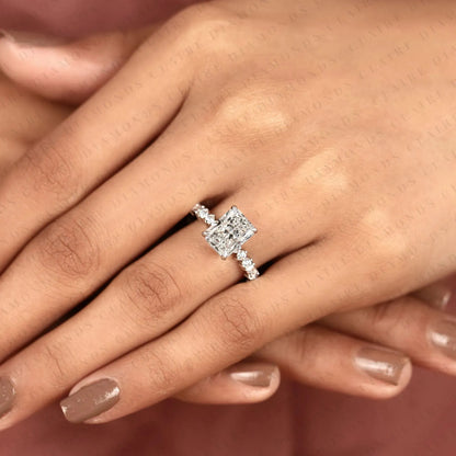 Radiant Cut Lab Grown Diamond Engagement Ring with Round and Baguette Side Stone Accents