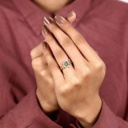 Asscher Cut Lab Grown Diamond Ring Vintage Floral Leaf Gold Engagement Ring Art Deco Inspired Geometric Diamond Ring for Women