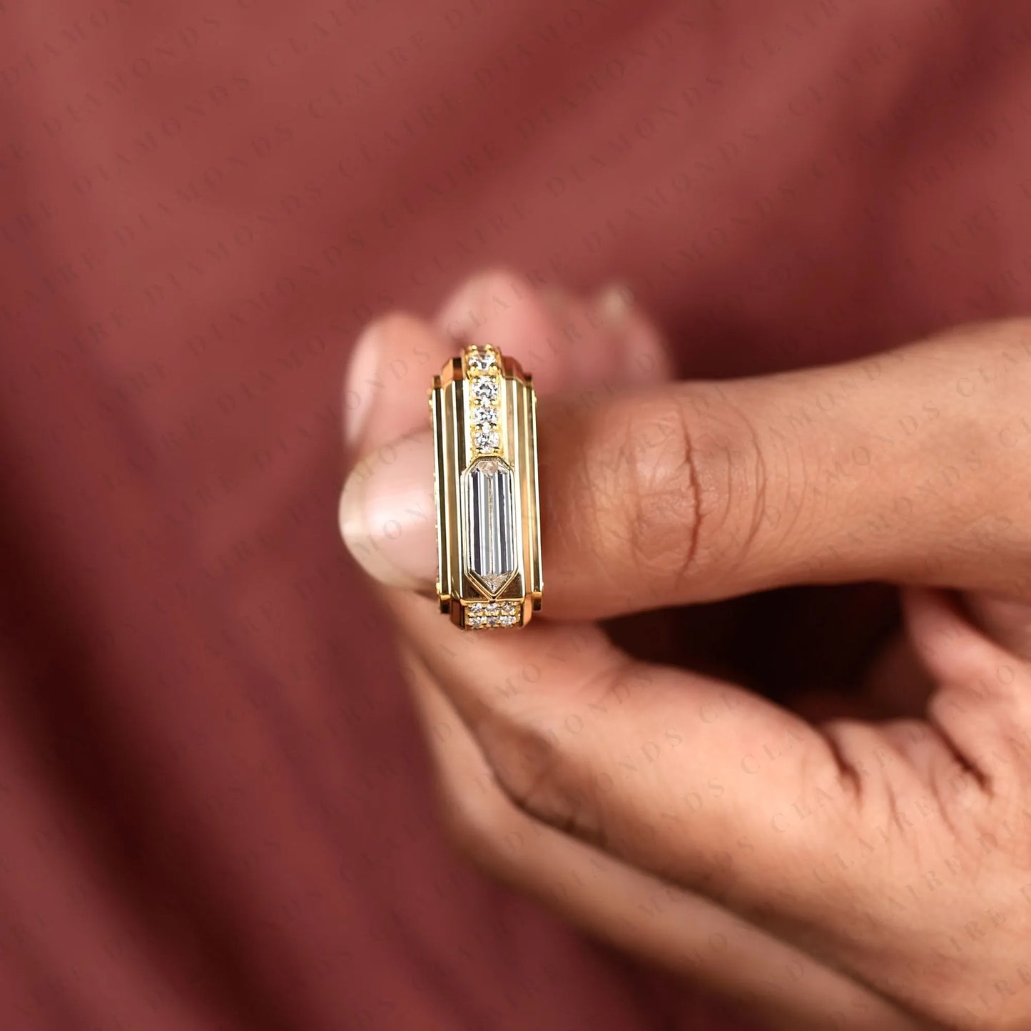 luxury baguette cut moissanite diamond engagement ring in gold with round accent side diamonds for men.
