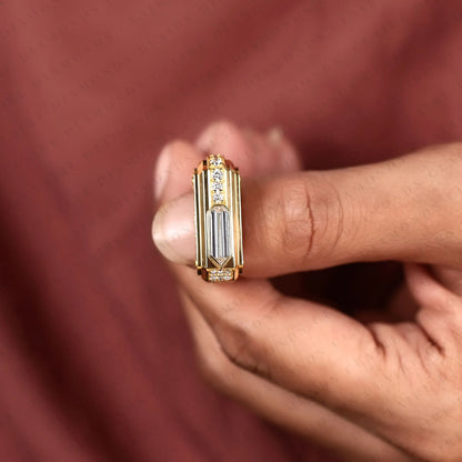 Luxury Baguette Cut Moissanite Diamond Engagement Ring in Gold With Round Accent Side Diamonds For Men.