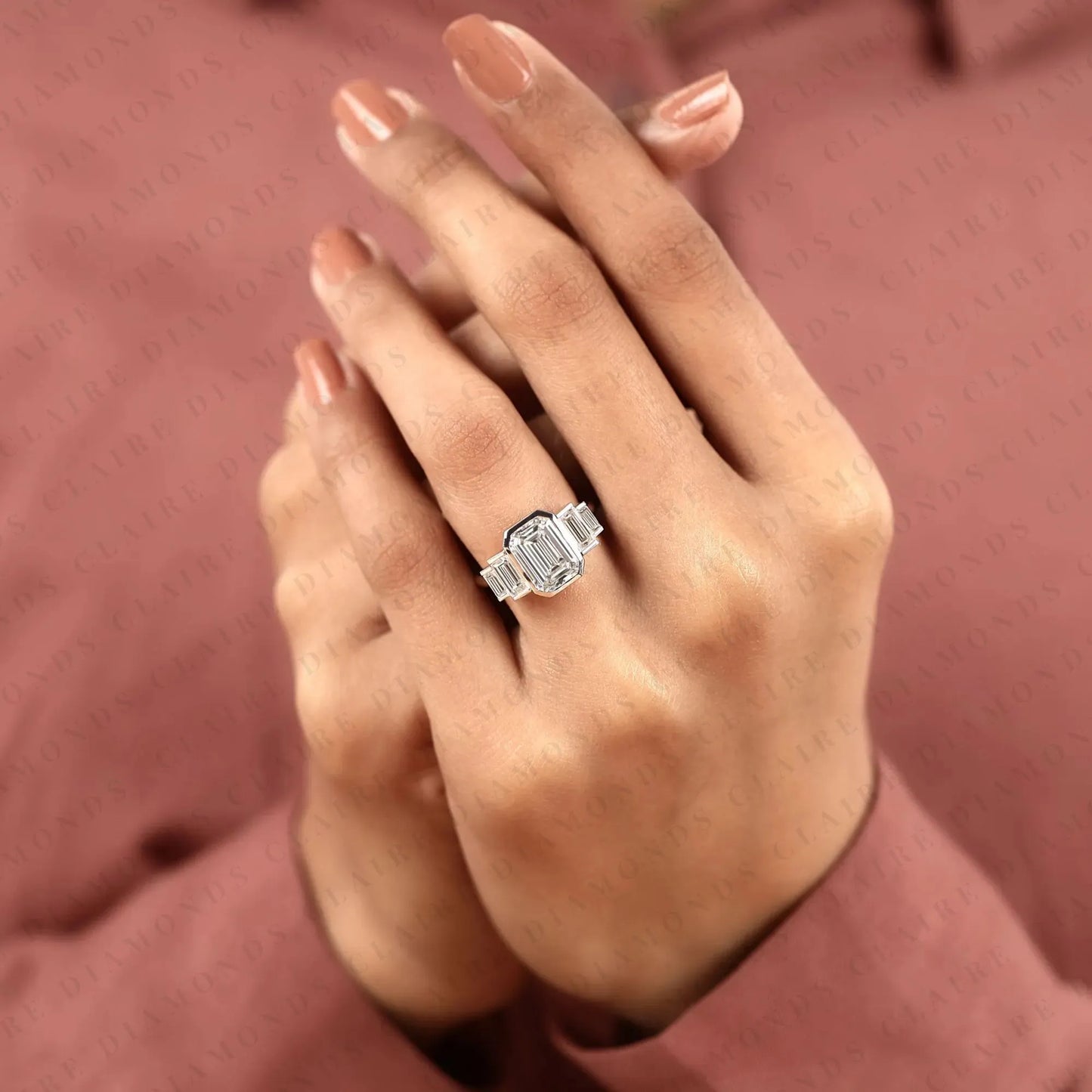 emerald cut three stone lab grown diamond engagement ring bezel set emerald diamond ring with tapered baguette side stones luxury bridal ring