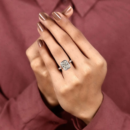 Radiant Cut Moissanite Diamond Bezel Set Engagement Ring with Baguette Pave Set White Gold Modern Luxury Bridal Jewelry