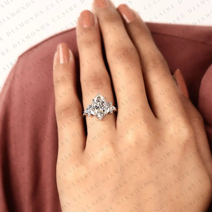 Marquise Cut Lab Grown Diamond Engagement Ring Nature Inspired Floral Ring Vintage Leaf Wedding Ring Unique Proposal Ring
