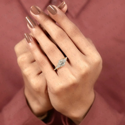 Pear Cut Lab Grown Diamond Engagement Ring Vintage Gold Halo Ring with Pave Side Stones Elegant Wedding Ring for Women