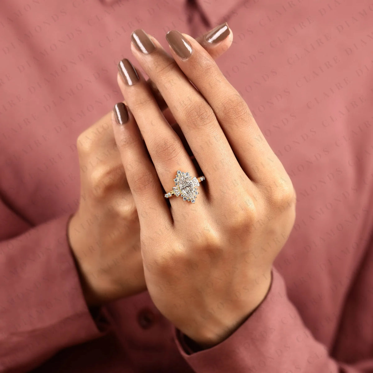 marquise cut moissanite diamond engagement ring floral halo with baguette accents yellow gold vintage inspired bridal ring
