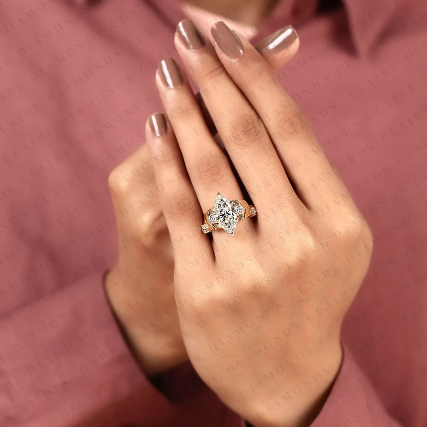 marquise cut lab grown diamond engagement ring with round side stone diamonds, vintage rings art deco vintage gold ring nature inspired promise ring anniversary gift for her.