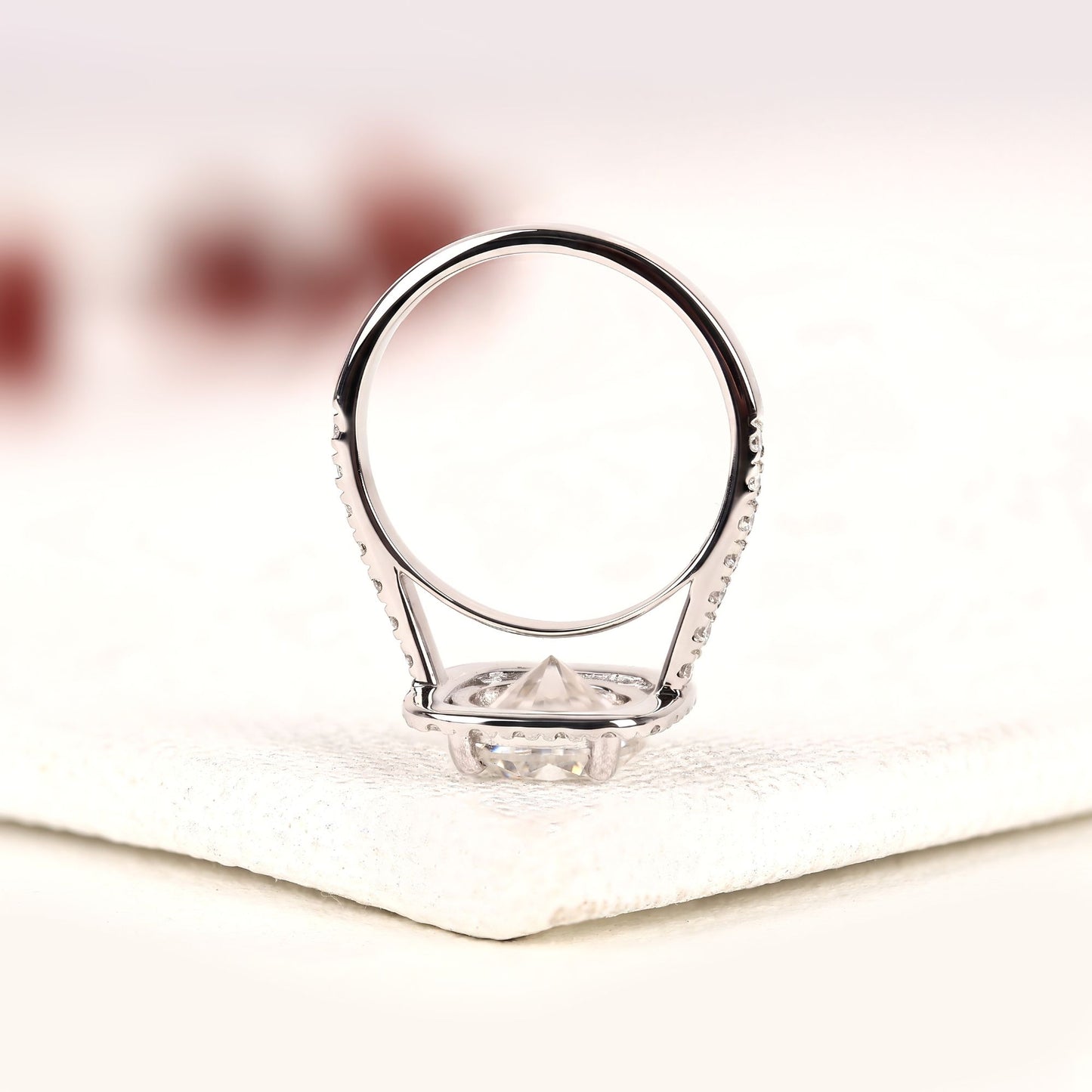 round cut moissanite diamond halo engagement ring in white gold | vintage cushion halo wedding ring | pave anniversary ring for women