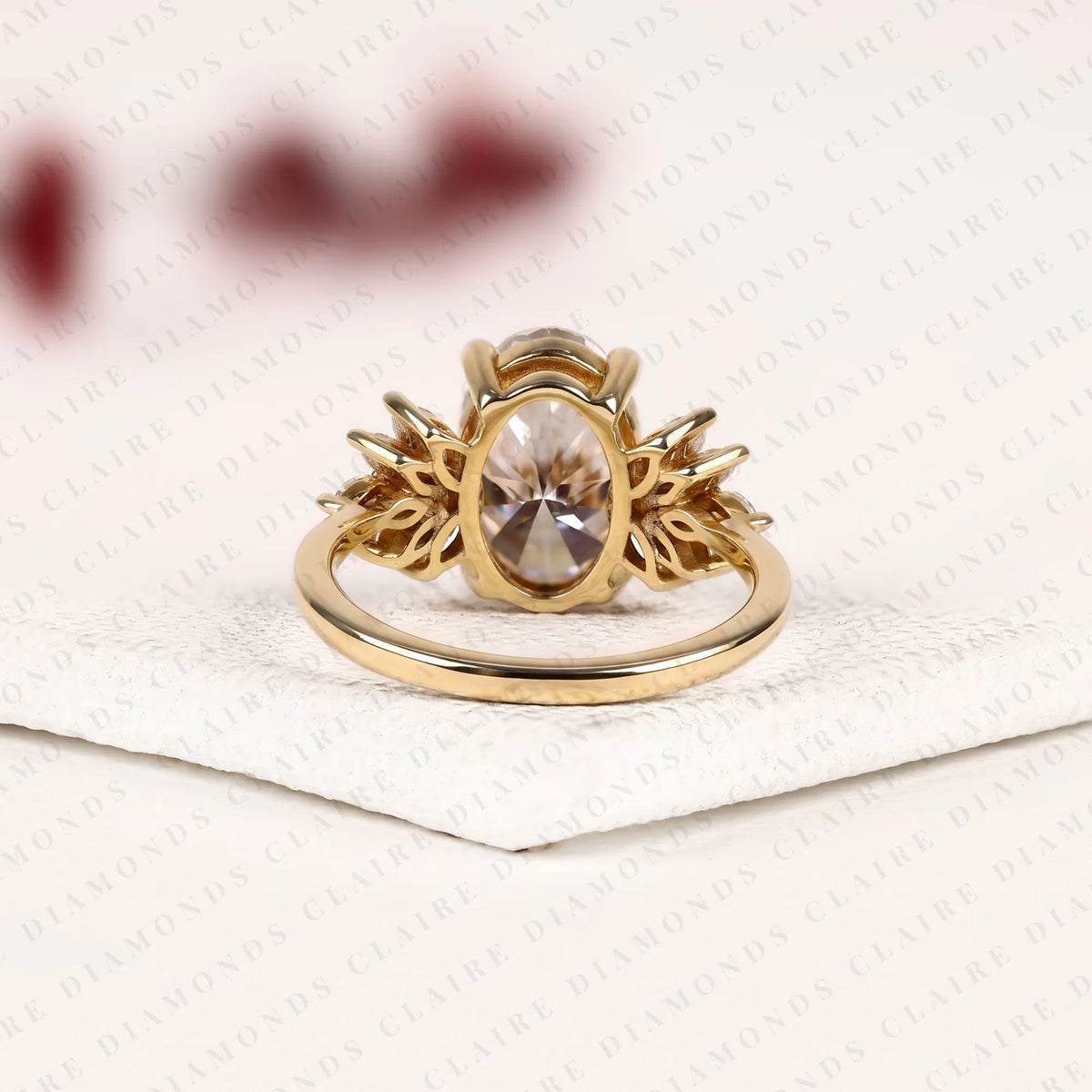 oval cut lab grown diamond engagement ring | floral cluster side stone ring | yellow gold nature inspired bridal jewelry | elegant statement wedding ring