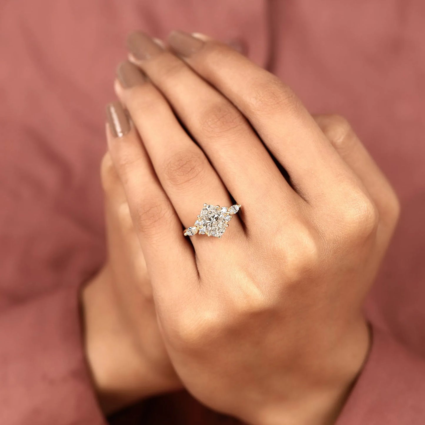 curved chevron wedding band set with elongated oval cut lab grown diamond ring | vintage v-shaped bridal set | unique anniversary ring for women