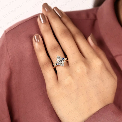 Marquise Moissanite Diamond Ring, Nature Inspired Leaf Engagement Ring, Vintage Floral Ring, Sapphire Gold Promise Ring
