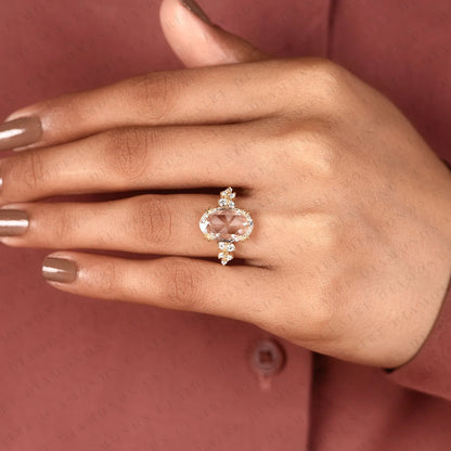 Rose Cut Oval Lab Grown Diamond Ring, Vintage Floral Engagement Ring, Yellow Gold, Nature Inspired Ring
