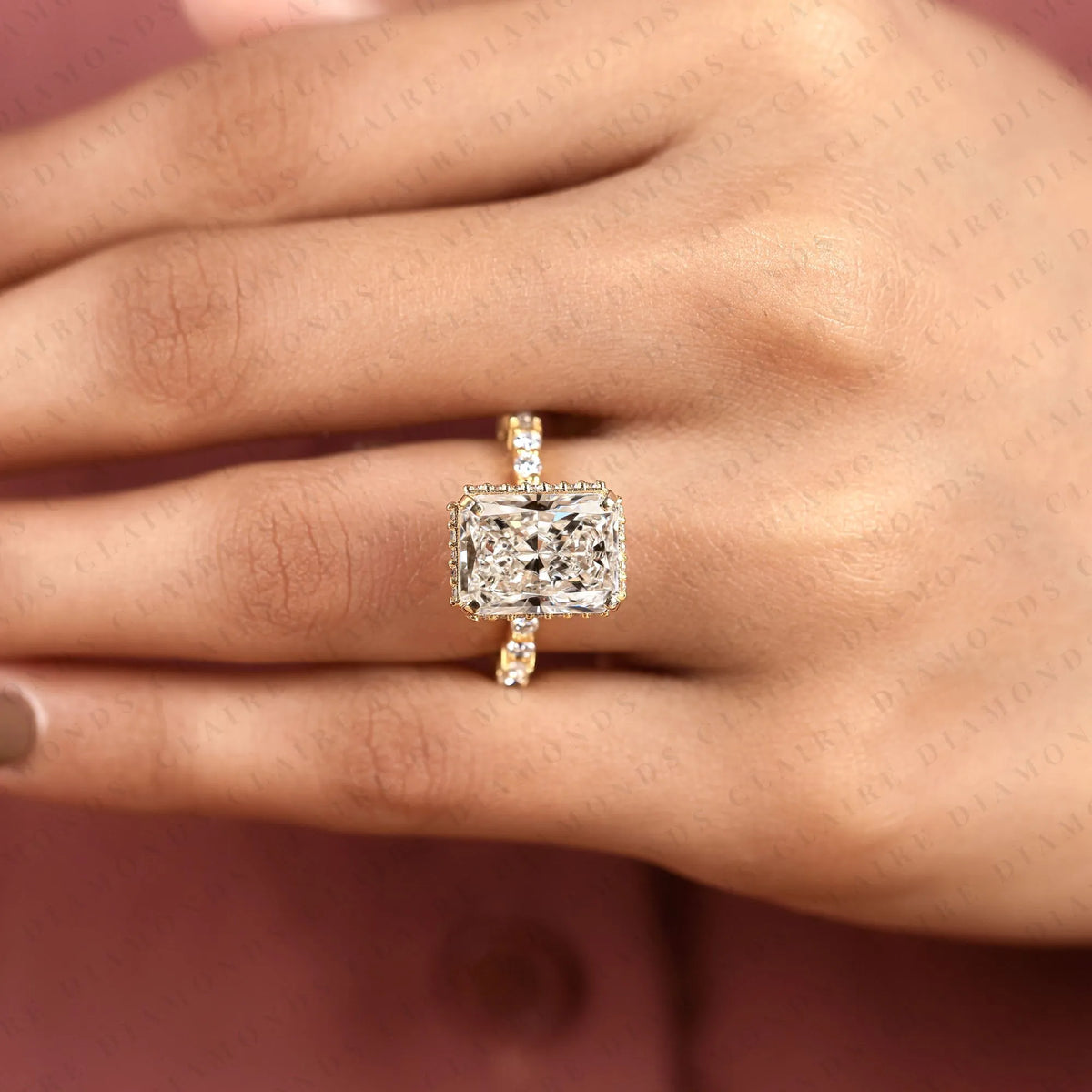emerald cut lab grown diamond engagement ring | yellow gold pavé side stone ring | elegant modern bridal jewelry