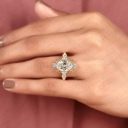 Oval Lab Grown Diamond Engagement Ring, Vintage Style Gold Wedding Ring, Art Deco Ring, Unique Anniversary Ring for Women