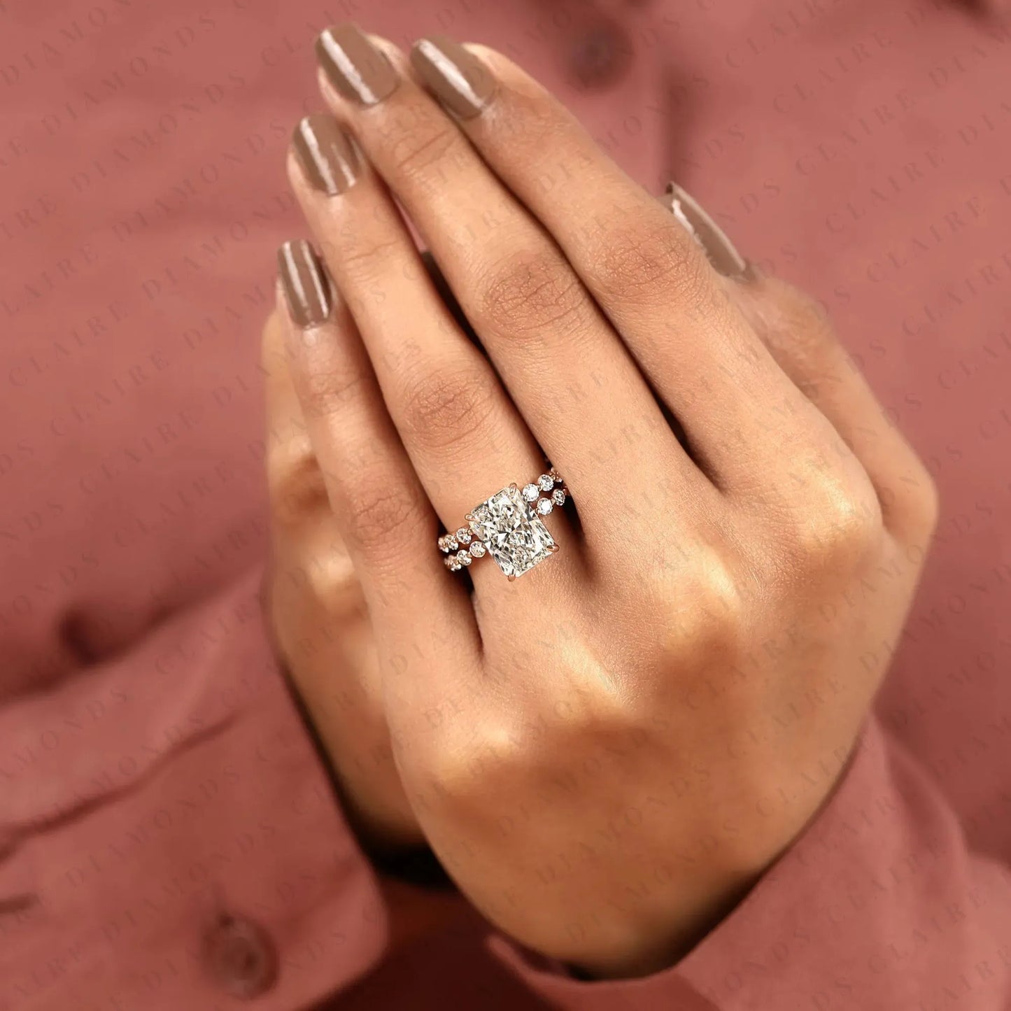 radiant cut moissanite diamond engagement ring set with pave wedding band in rose gold | elegant bridal ring set for women