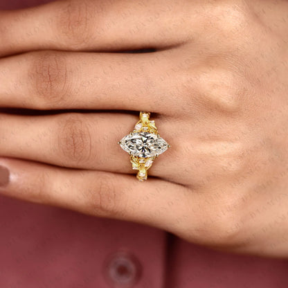 Marquise Cut Lab Grown Diamond Engagement Ring, Floral Leaf Vine Gold Ring, Nature Inspired Bridal Ring, Unique Vintage Wedding Jewelry