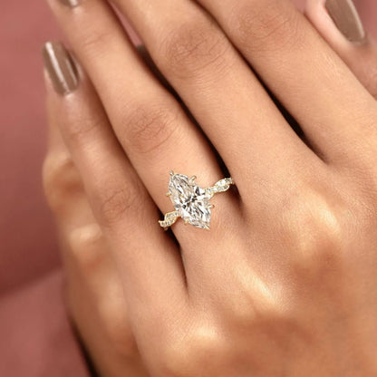 Vintage-Inspired Marquise Cut Lab Grown Diamond Engagement Ring in Gold – Twisted Pavé Band Solitaire Ring