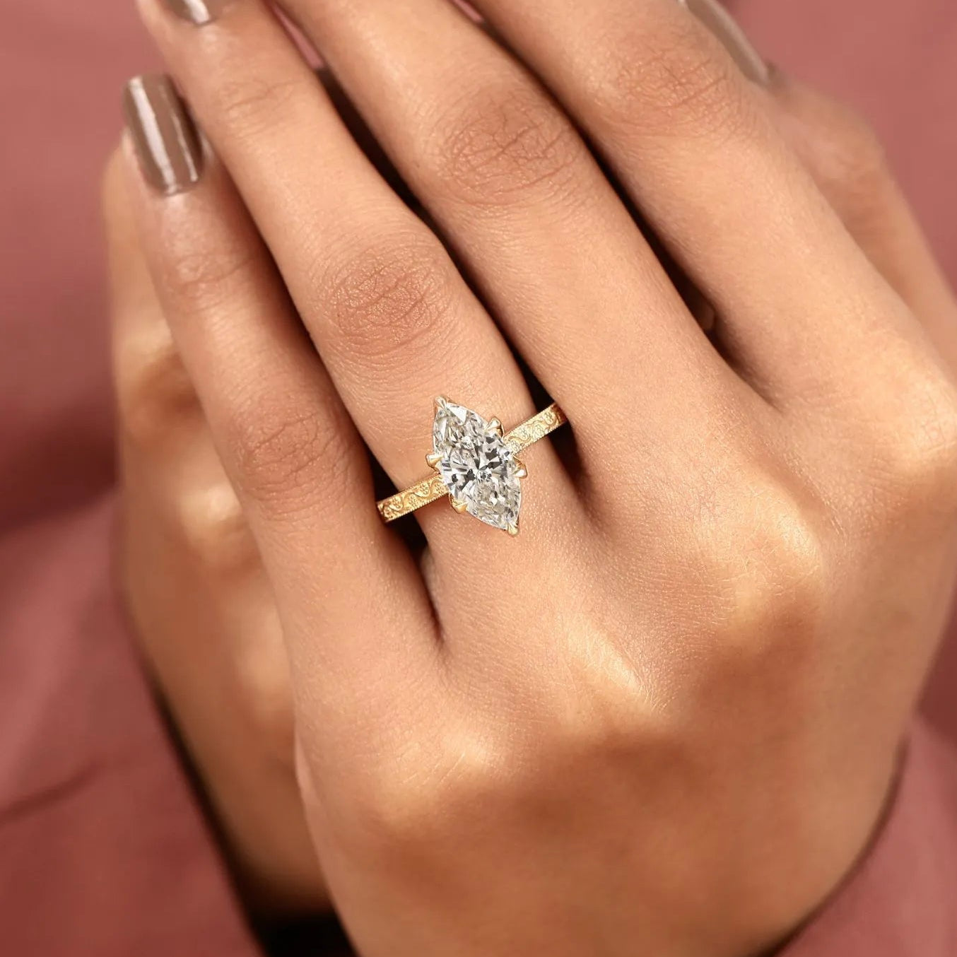 marquise cut lab grown diamond engagement ring, vintage engraved gold solitaire ring, igi certified diamond ring, unique bridal jewelry