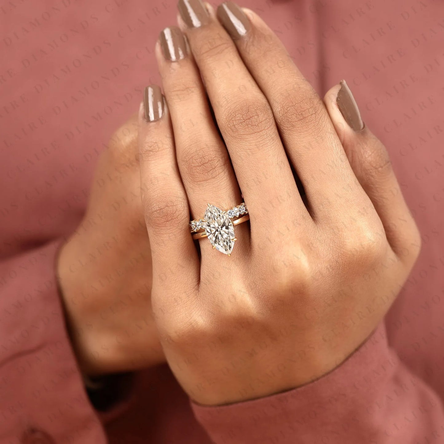 marquise cut moissanite diamond engagement ring set with eternity wedding band in 14k yellow gold