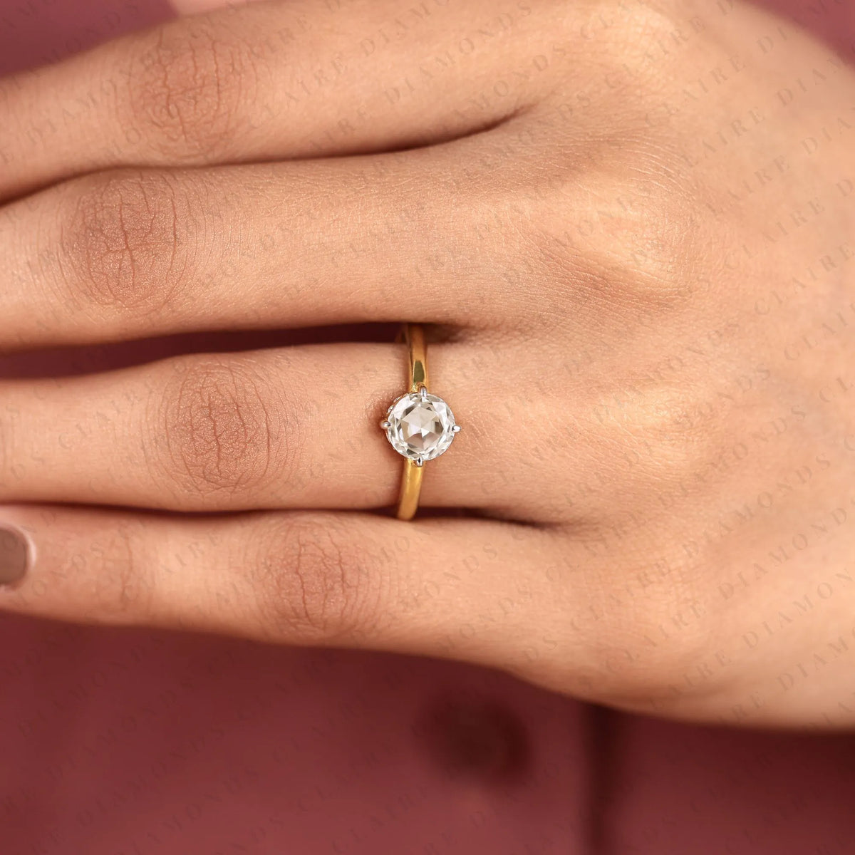 round rose cut lab grown diamond engagement ring | yellow gold minimalist bridal ring | flush setting ring wedding | jewelry