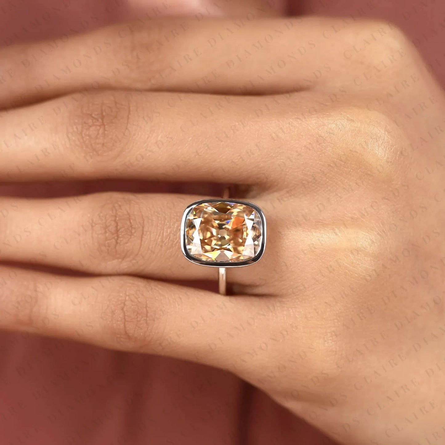old mine elongated brown cushion cut bezel set  solitaire lab grown diamonds engagement ring – modern elegance with warm radiance