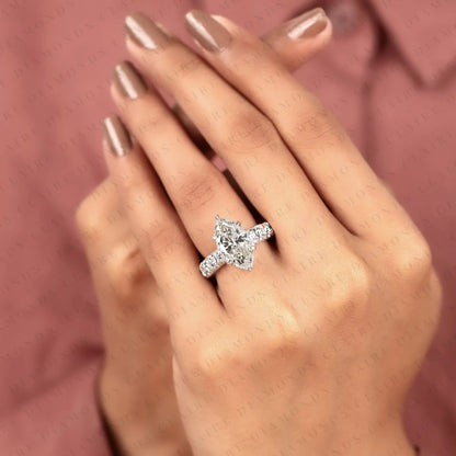 Marquise Cut Lab Grown Diamond Engagement Ring, Pavé Diamond Band, Elegant White Gold Bridal Ring, Unique Halo Ring