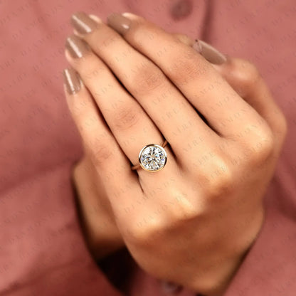 Luxury Round Brilliant Lab Grown Diamond Solitaire Engagement Ring with Timeless Modern Elegance Bezel Engagement Ring