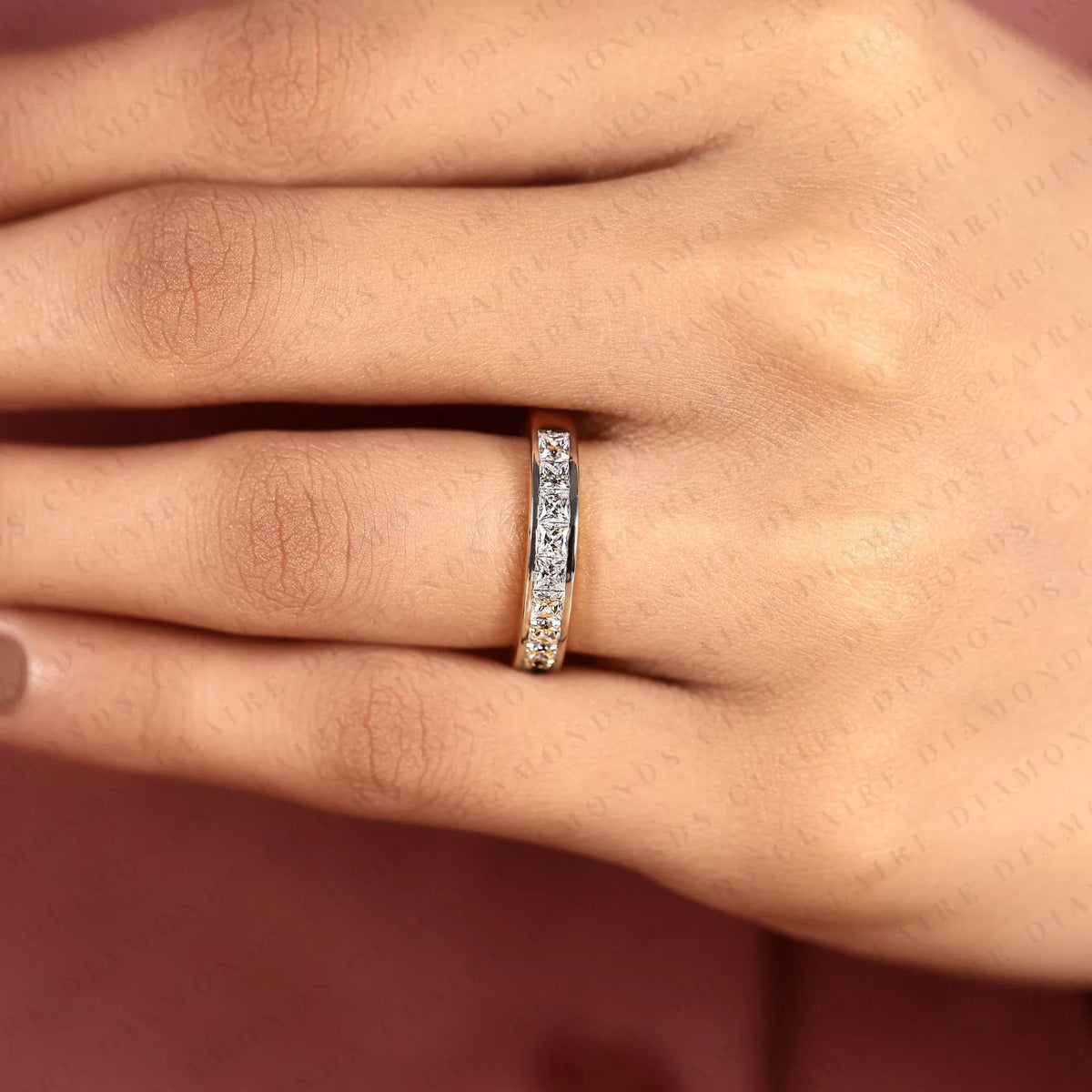1.20 tcw princess cut moissanite diamond  half eternity wedding band | channel set square diamond yellow gold wedding ring | modern eternity anniversary band | timeless bridal jewelry