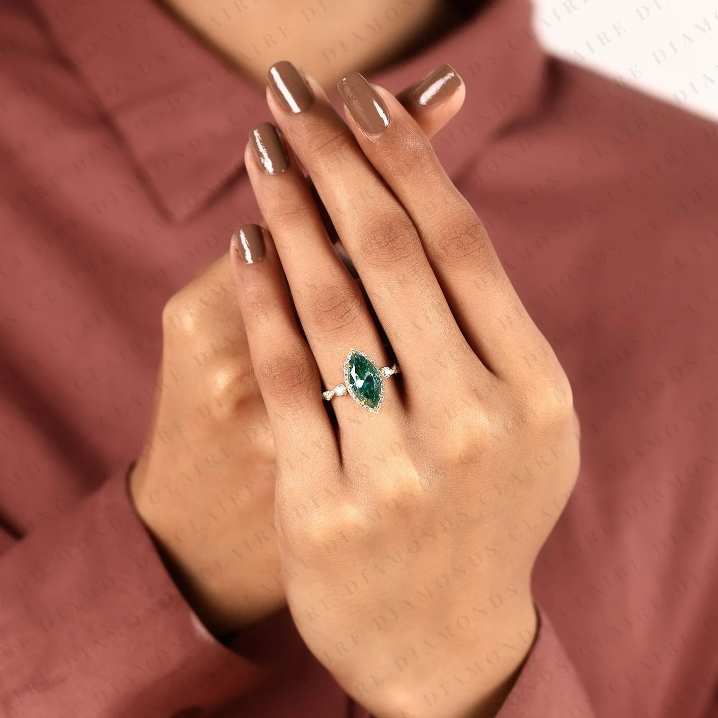 marquise cut green lab grown diamond halo engagement ring | twisted vine halo yellow gold nature-inspired engagement ring