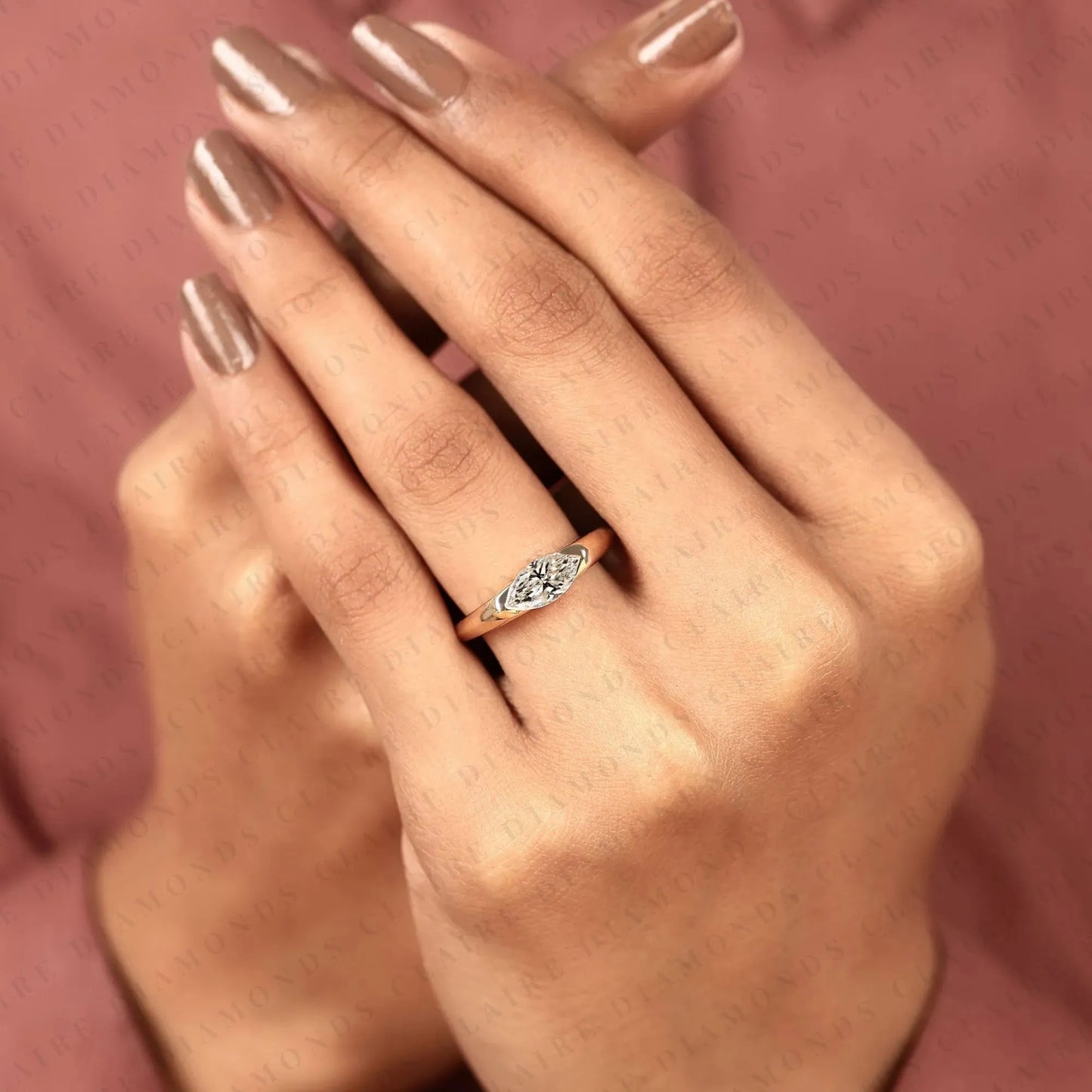 minimalist marquise cut solitaire lab grown diamond engagement ring in yellow gold | modern bezel-inspired promise ring for women.
