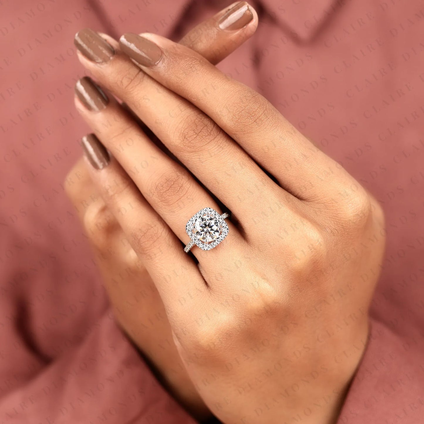 round cut lab grown diamond halo engagement ring in white gold | vintage cushion halo wedding ring | pave anniversary ring for women