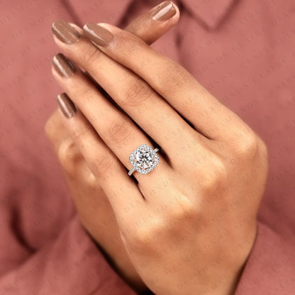 Round Cut Lab Grown Diamond Halo Engagement Ring in White Gold | Vintage Cushion Halo Wedding Ring | Pave Anniversary Ring for Women