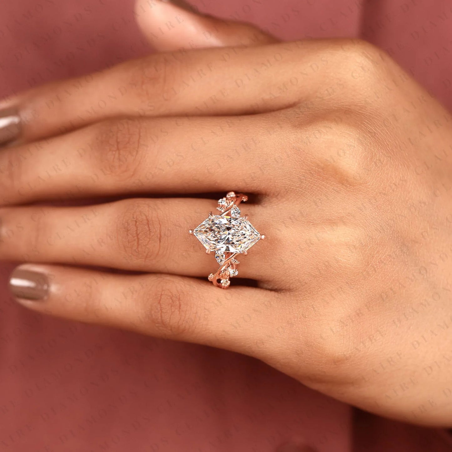 dutch marquise moissanite diamond engagement ring | nature-inspired rose gold curved vine setting