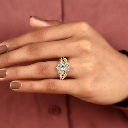 Pear Cut Moissanite Diamond Bridal Ring Set | Nature-Inspired Twisted Leaf Yellow Gold Engagement Ring