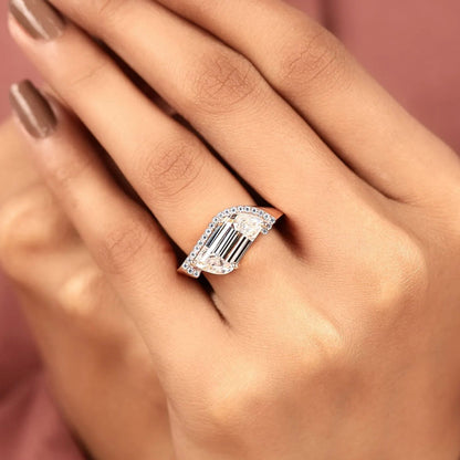 Modern Flame Cut Moissanite Diamond Halo Engagement Ring with Exceptional Brilliance
