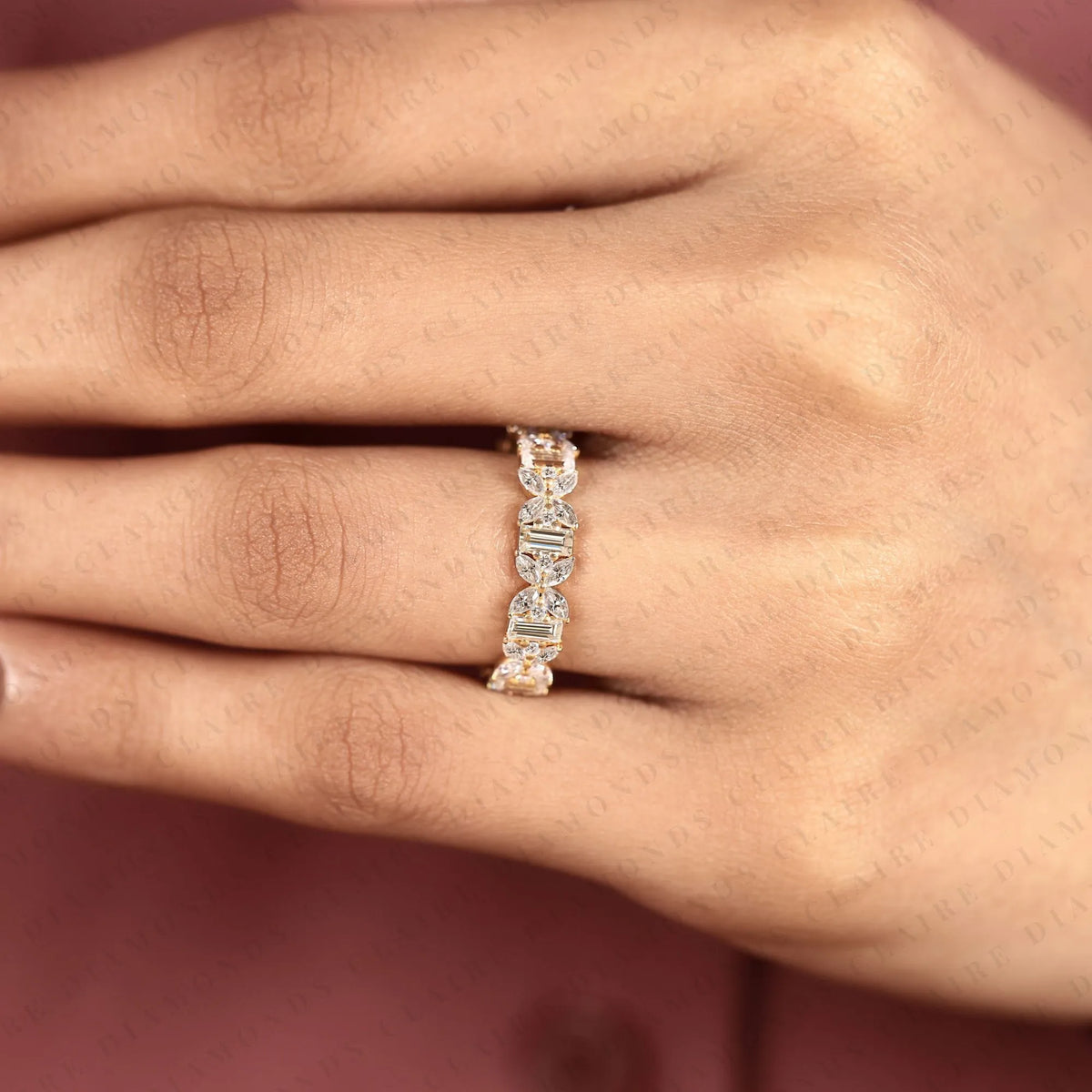 2.76 tcw mixed shape lab grown diamond eternity band | emerald cut, marquise & round diamond floral band | yellow gold full eternity wedding band