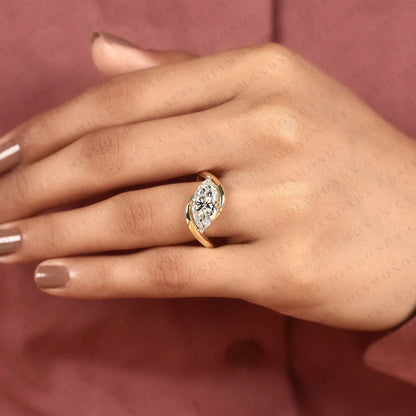Modern Marquise Cut Lab Grown Diamond Ring | East West Diamond Ring | Elegant Yellow Gold Solitaire Engagement Ring