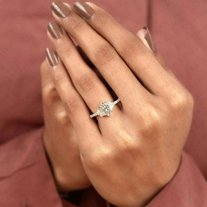 Marquise Cut Moissanite Diamond Engagement Ring with Side Accent Diamonds | Elegant Three Stone Bridal Ring in White Gold