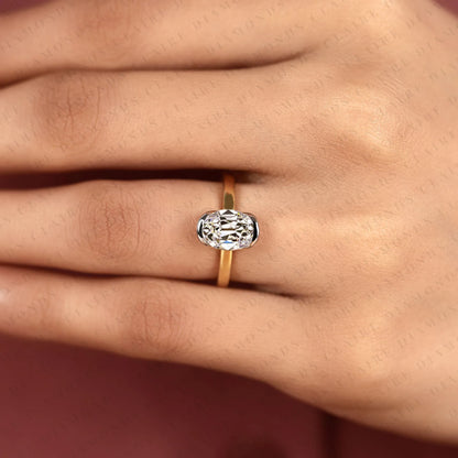 Old Mine Elongated Cushion Cut Lab Grown Diamond Bezel Ring | Sculpted Gold Minimalist Engagement Ring | Modern Geometric Bridal Jewelry