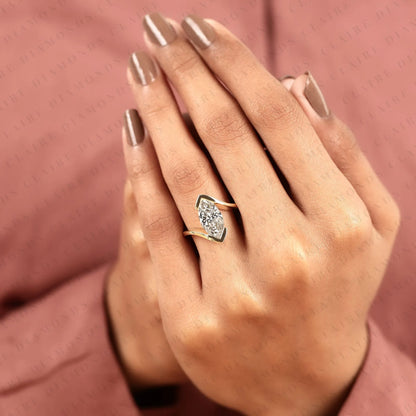 Elegant Marquise Cut Moissanite Diamond Bypass Engagement Ring in 14K Yellow Gold Modern Solitaire Bridal Ring
