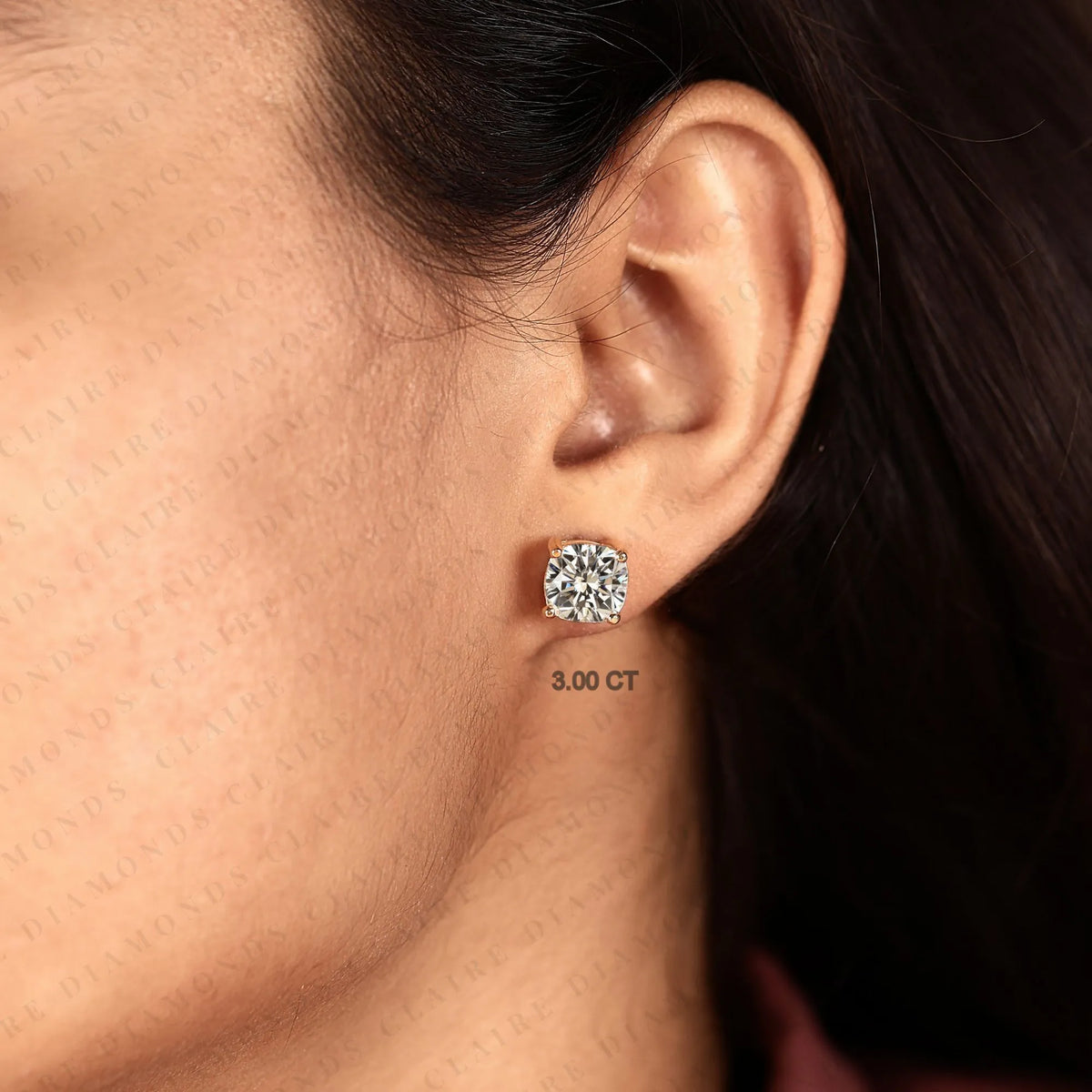 cushion cut moissanite diamond stud earrings, double stone gold earrings, minimalist bezel set diamond studs, modern bridal jewelry