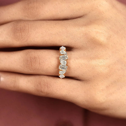 1.45 TCW Round, Emerald & Pear Cut Lab Grown Diamond Half Eternity Wedding Band | Mixed Shape Diamond Statement Ring | Modern Yellow Gold Bridal Jewelry