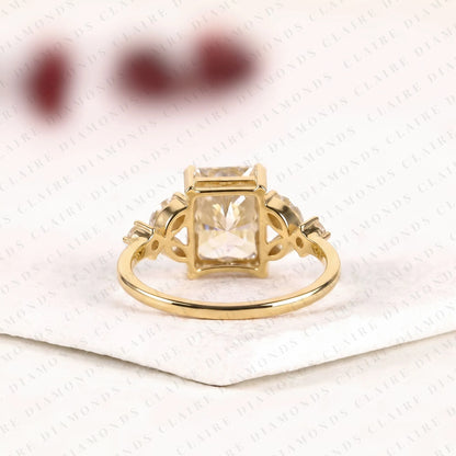 Radiant Cut Lab Grown Diamond Engagement Ring | Marquise & Round Diamond Accents | Sculpted Yellow Gold Split Shank Bridal Ring | Modern Luxury Statement Jewelry