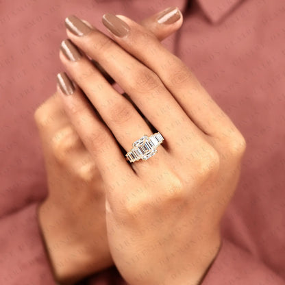 Emerald Cut Lab Grown Diamond Engagement Ring in Yellow Gold |Side Stone Baguette Diamond Wedding Ring | Luxury Anniversary Ring for Women