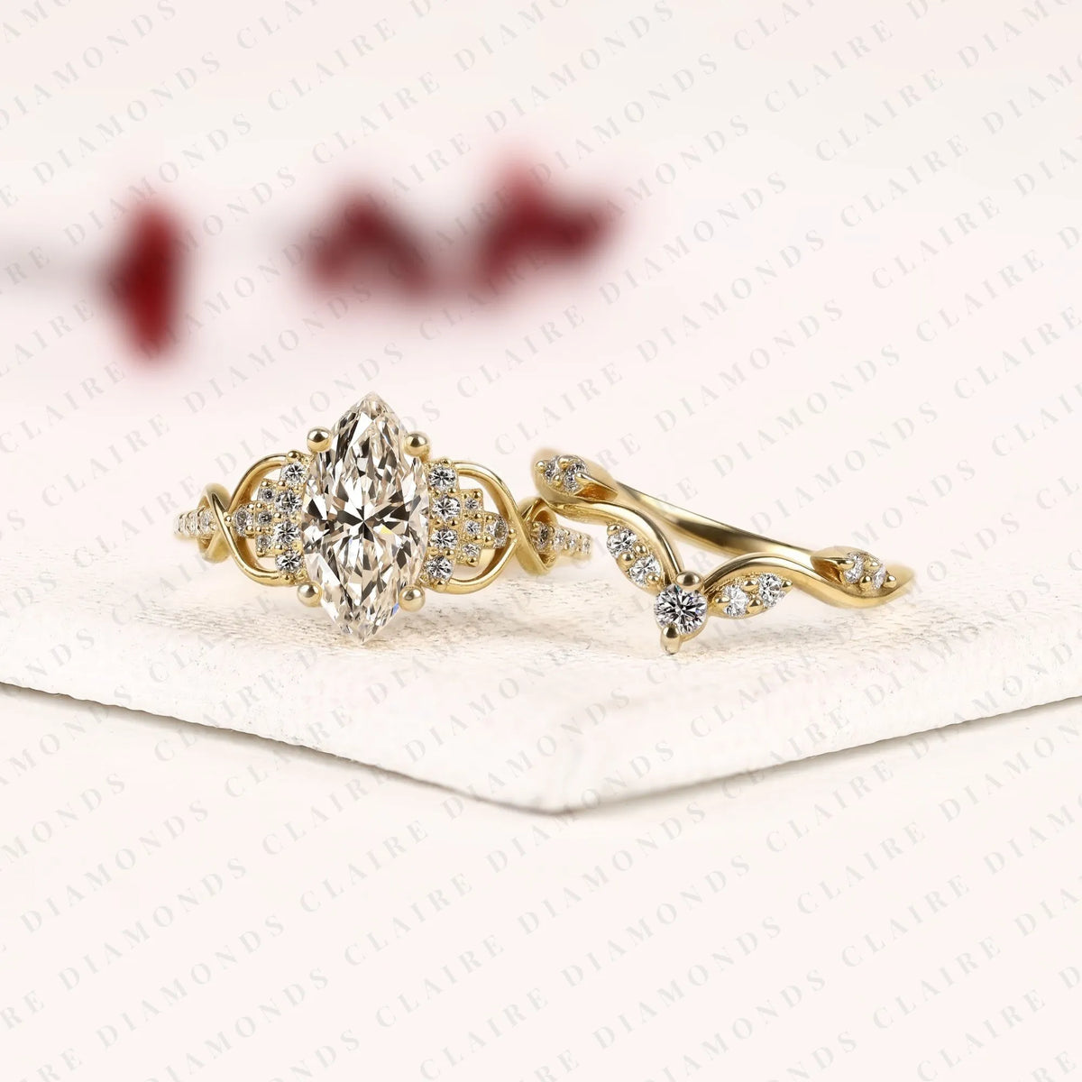 marquise cut lab grown diamond engagement ring | nature inspired floral vine gold ring | pavé bridal ring with matching wedding band