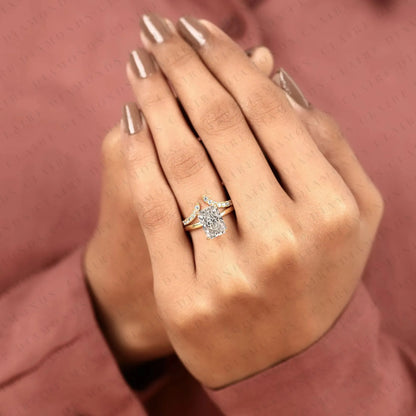 Radiant Cut Lab Grown Diamond Bridal Ring Set | Matching Chevron Wedding Band Engagement Ring