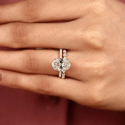 Oval Cut Lab Grown Diamond Engagement Ring Set | Yellow Gold Pavé Wedding Band | Two-Tone Bridal Ring Set