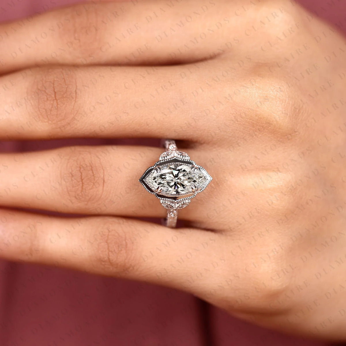marquise cut lab grown diamond engagement ring | vintage inspired milgrain bezel & engraved white gold ring | floral diamond accent bridal ring