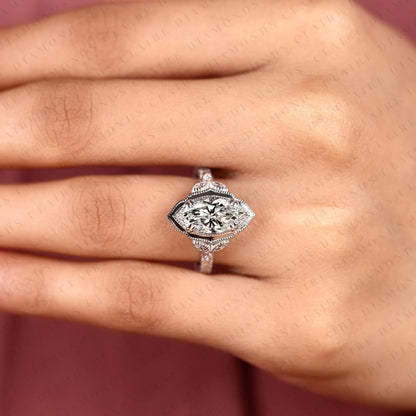 Marquise Cut Lab Grown Diamond Engagement Ring | Vintage Inspired Milgrain Bezel & Engraved White Gold Ring | Floral Diamond Accent Bridal Ring