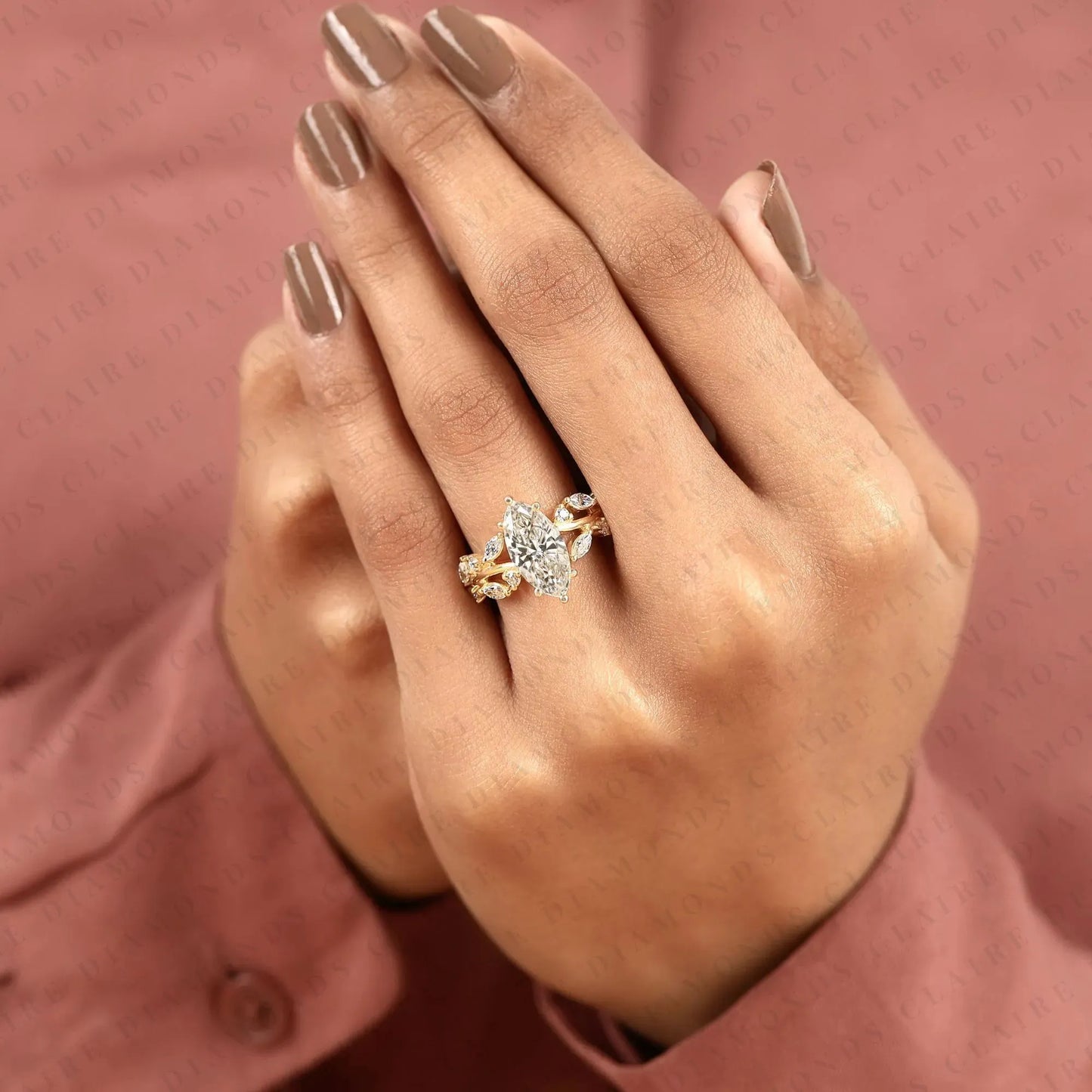 marquise cut nature inspired moissanite diamonds engagement ring | leaf vine lab grown diamond ring in gold | floral marquise solitaire ring | vintage botanical bridal jewelry