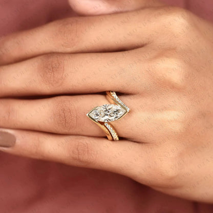 Marquise Moissanite Diamond Bypass Ring Bezel Ring Modern Twisted Pave Bridal Ring Set
